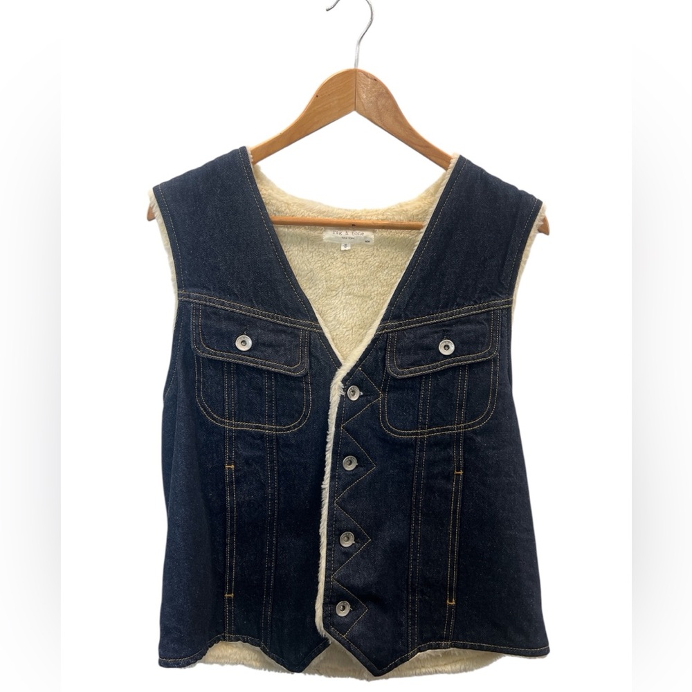 EUC Rag & Bone Denim Waistcoat Vest Shearling Lined